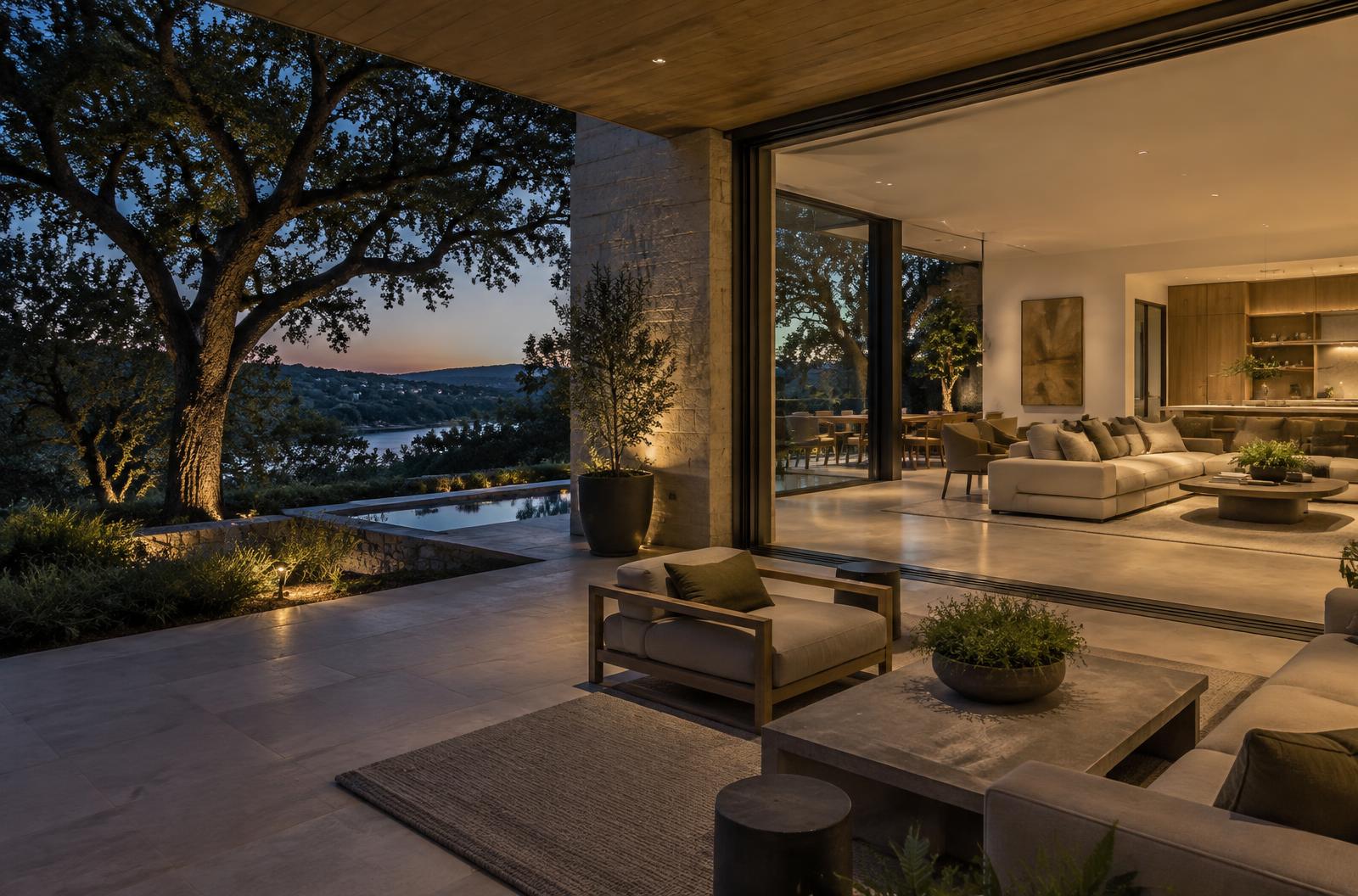 Contemporary Austin residence opening onto a warmly lit living room at dusk
